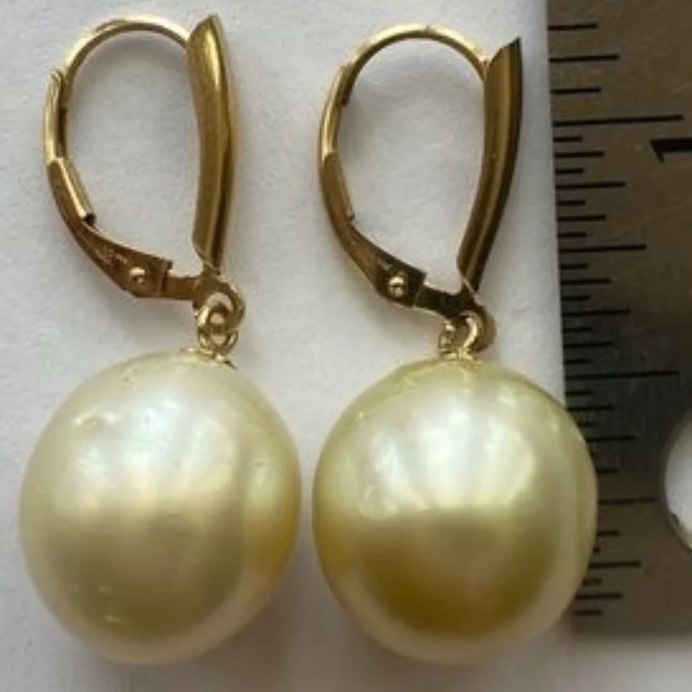 AUTHENTIC 13mm Golden South Sea Pearl 14K Gold Filled Earrings - HANDMADE - Picture 4 of 8